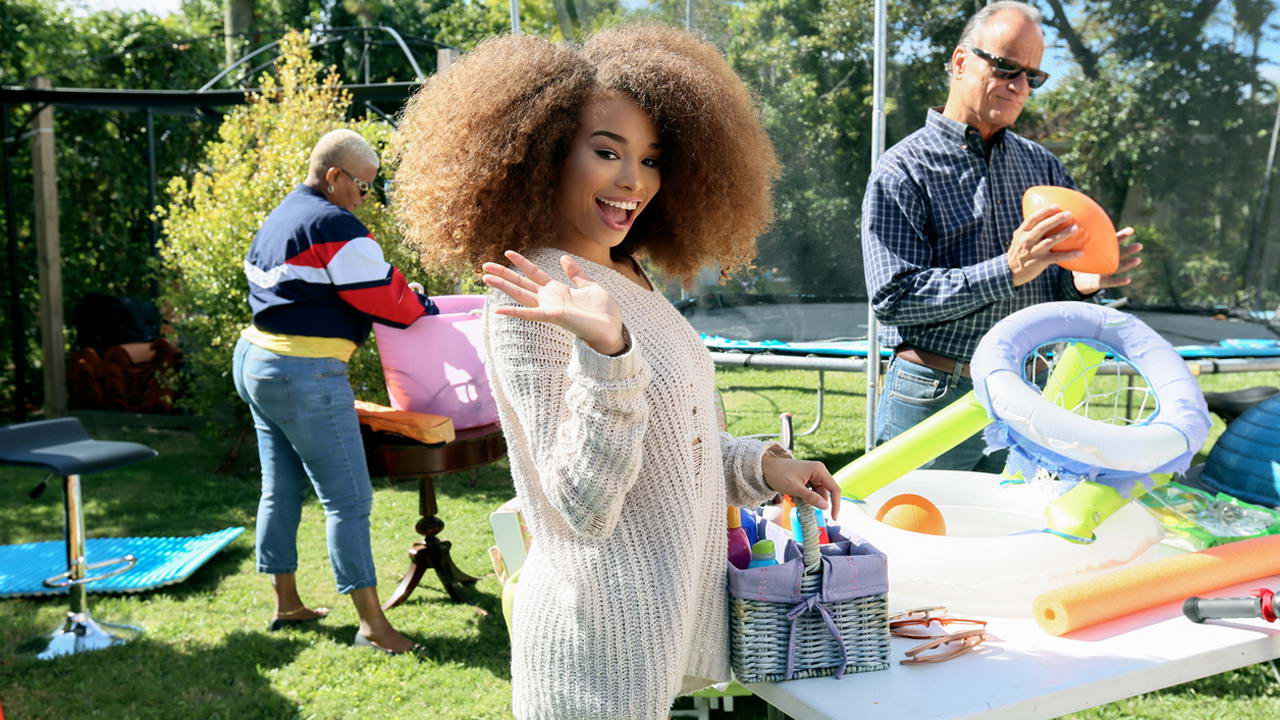 I noticed that this ebony teen isn’t just selling her possessions at this yard sale