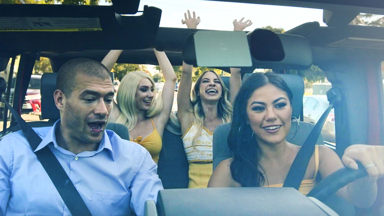 Three teen babes go for a ride with a car salesman that bangs them deep in the car