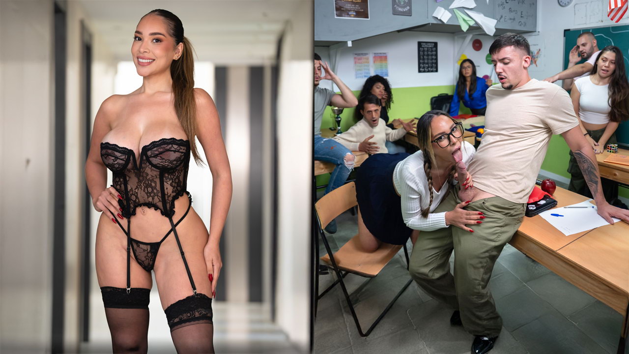 The hottest slut in the class sucking cock in the middle of the classroom
